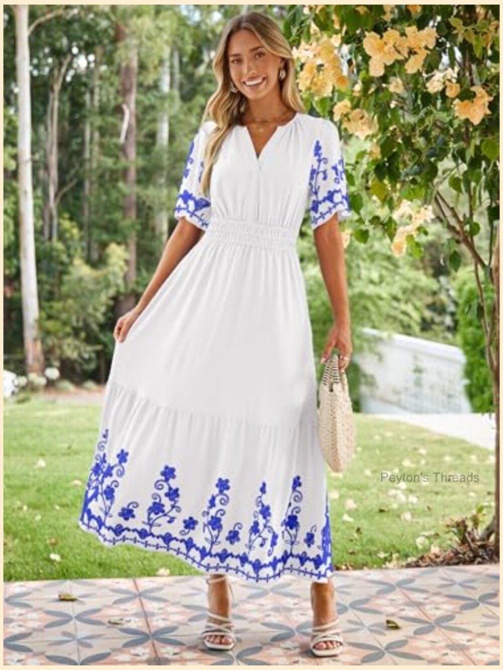 Women's Maxi Dress Short Sleeve V-Neck Embroidery Floral Boho Wedding Guest - Picture 2 of 7
